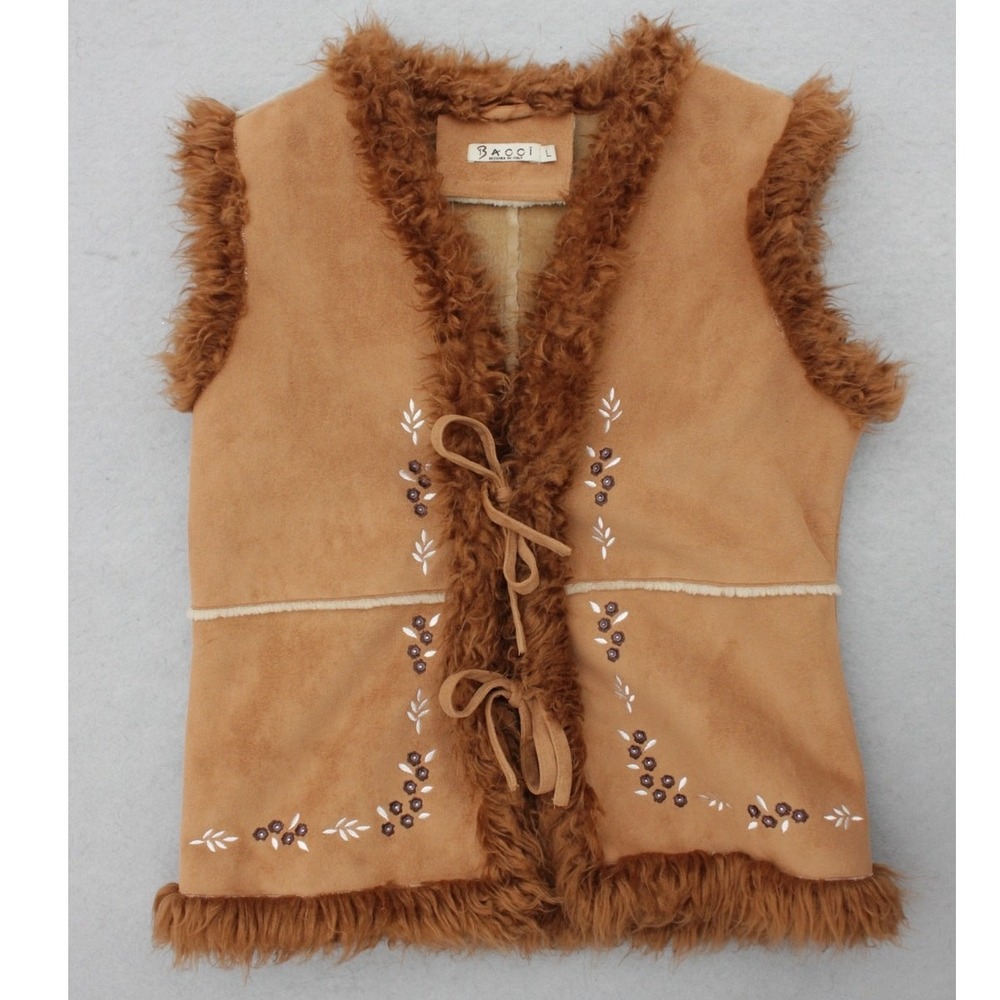 Bacci Womens Tan Faux Shearling Embroidered Vest‎ Faux Fur Trim Boho Size L